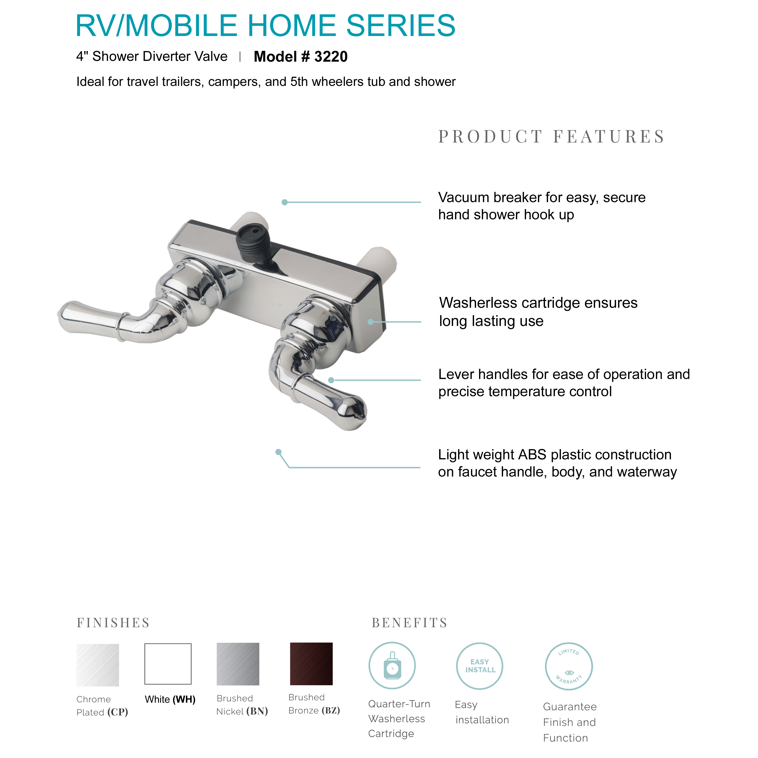 RV/Motorhome Two Handle Shower Faucet Valve Diverter Chrome Finish eBay